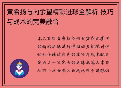 黄希扬与向余望精彩进球全解析 技巧与战术的完美融合