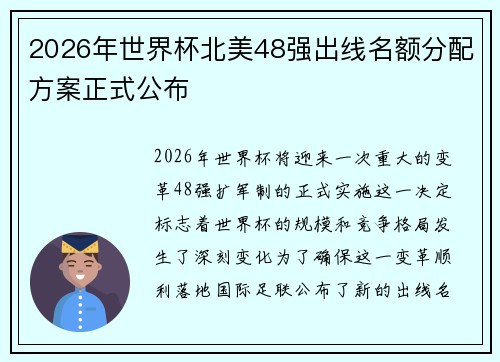 2026年世界杯北美48强出线名额分配方案正式公布